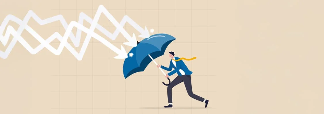 Investing in a downturn. Graphic image of a man holding an umbrella with arrows coming at him at unclear paths.