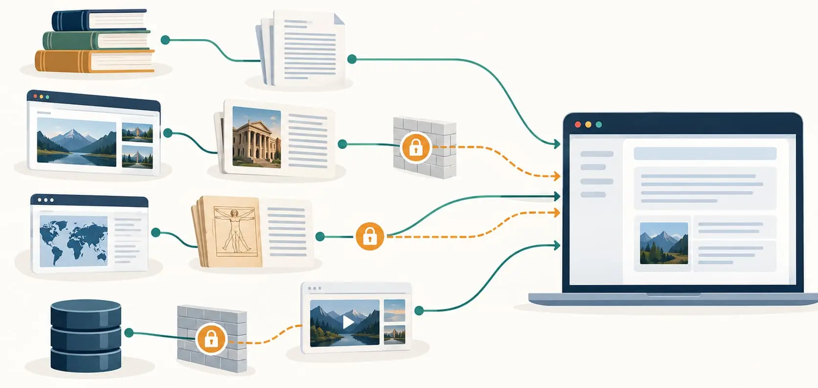 Diagram of AI bots connecting to some but not all sources of information